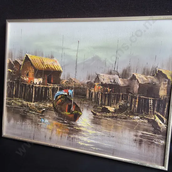 VINTAGE MID CENTURY ASIAN FISHING VILLAGE PAINTING, FRAMED, H 46 CM X W 60 CM