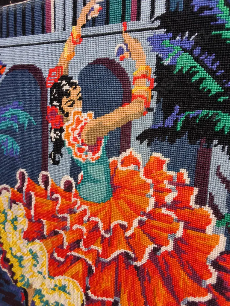 VINTAGE FLAMENCO DANCER NEEDLEPOINT AND CROSS STITCH ARTWORK, H 56 CM Image 1++