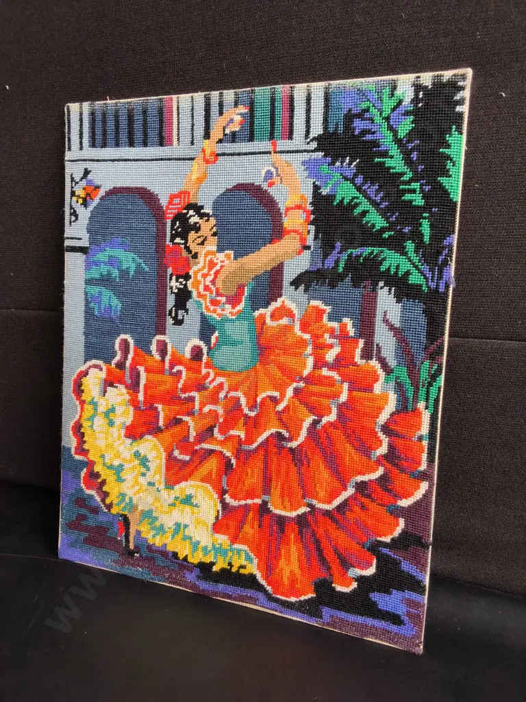 VINTAGE FLAMENCO DANCER NEEDLEPOINT AND CROSS STITCH ARTWORK, H 56 CM Image 1++