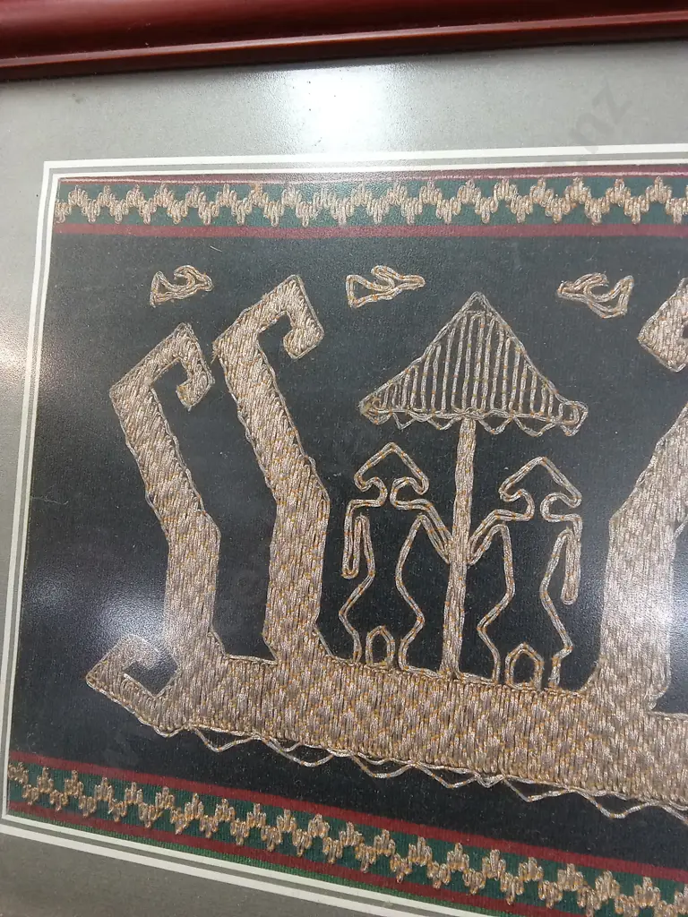FRAMED TRADITIONAL TEXTILE THREAD EMBROIDERED ARTWORK 34CM X 29CM Image 1++
