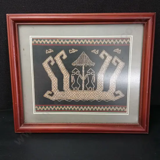 FRAMED TRADITIONAL TEXTILE THREAD EMBROIDERED ARTWORK 34CM X 29CM