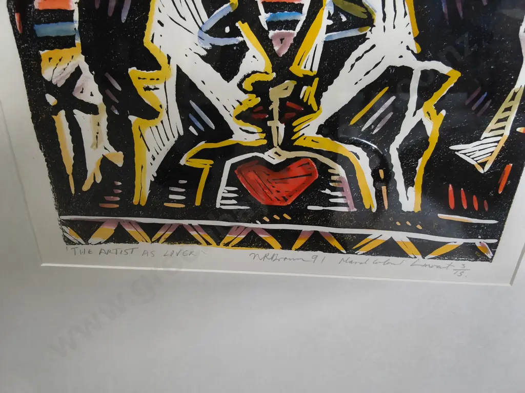 NIGEL BROWN "THE ARTIST AS LOVER" 1991, FRAMED WOODCUT PRINT, H 83 CM X W 62 CM Image 1++
