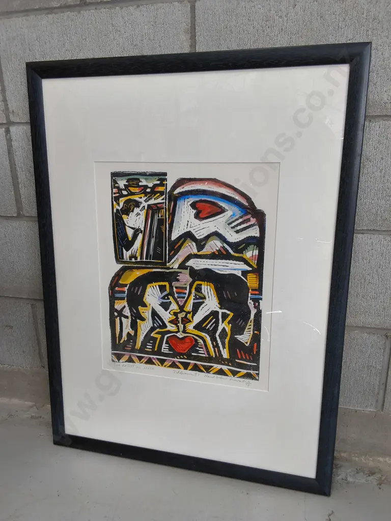 NIGEL BROWN "THE ARTIST AS LOVER" 1991, FRAMED WOODCUT PRINT, H 83 CM X W 62 CM Image 1++