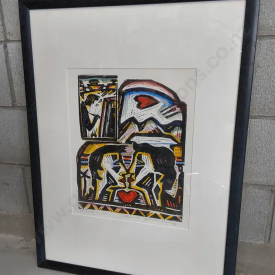 NIGEL BROWN "THE ARTIST AS LOVER" 1991, FRAMED WOODCUT PRINT, H 83 CM X W 62 CM
