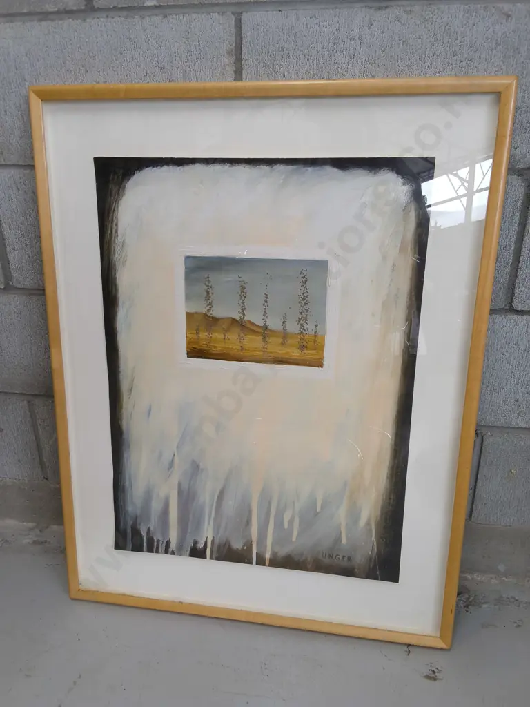 VINTAGE MID CENTURY MIXED MEDIA FRAMED LANDSCAPE PAINTING, SIGNED UNGER, H 83 CM X W 64 CM Image 1++
