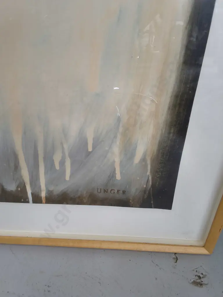 VINTAGE MID CENTURY MIXED MEDIA FRAMED LANDSCAPE PAINTING, SIGNED UNGER, H 83 CM X W 64 CM Image 1++
