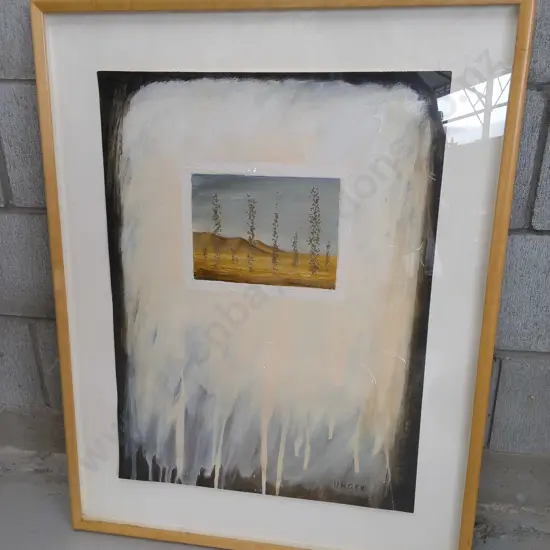 VINTAGE MID CENTURY MIXED MEDIA FRAMED LANDSCAPE PAINTING, SIGNED UNGER, H 83 CM X W 64 CM