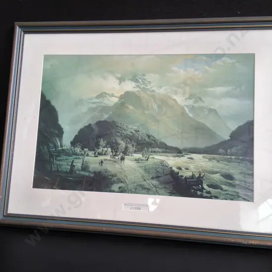 FRAMED JOHN GIBB REPRODUCTION PRINT, "CLEARING UP AFTER RAIN", H 53 CM X 70 CM