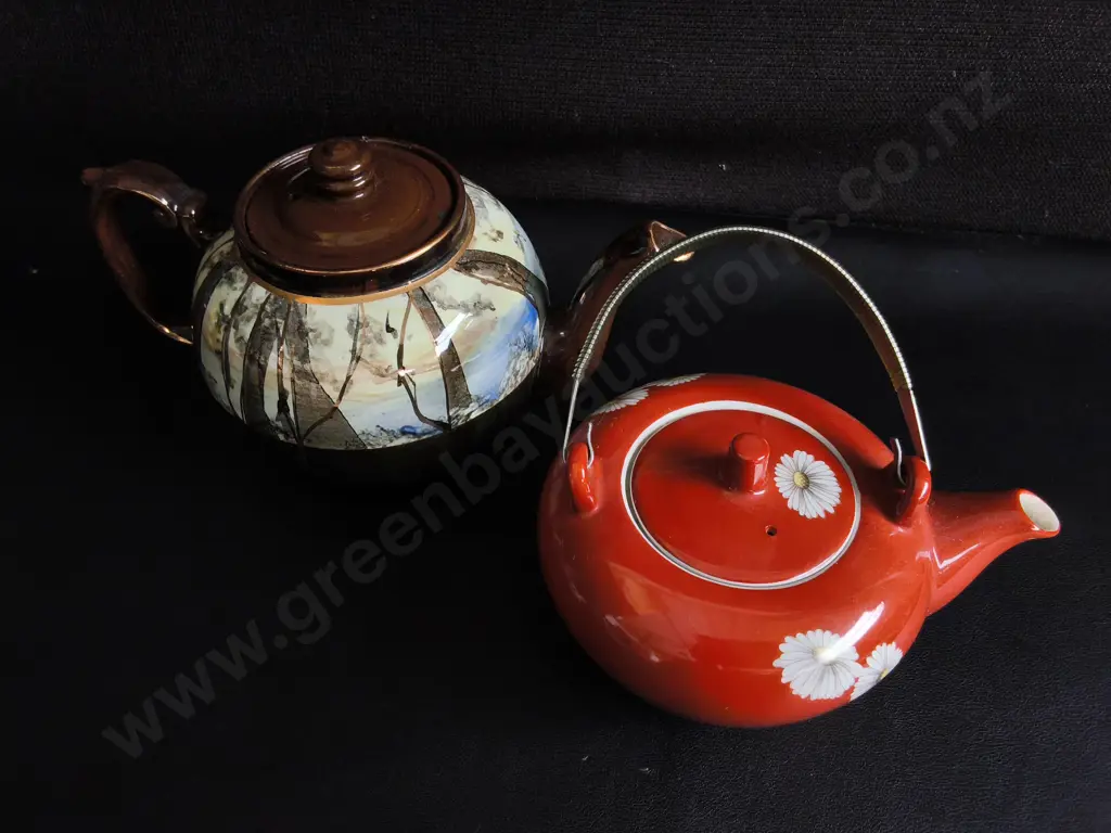 PAIR OF VINTAGE TEAPOTS, NORITAKE RED DAISY, AND ART DECO LUSTREWARE LANDSCAPE, TALLEST H 15 CM Image 1++