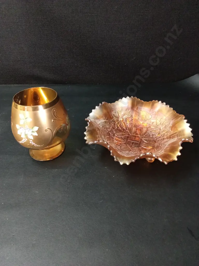 VINTAGE CZECH BOHEMIAN GLASS BRANDY H13CM AND CARNIVAL GLASS BOWL D19CM Image 1++