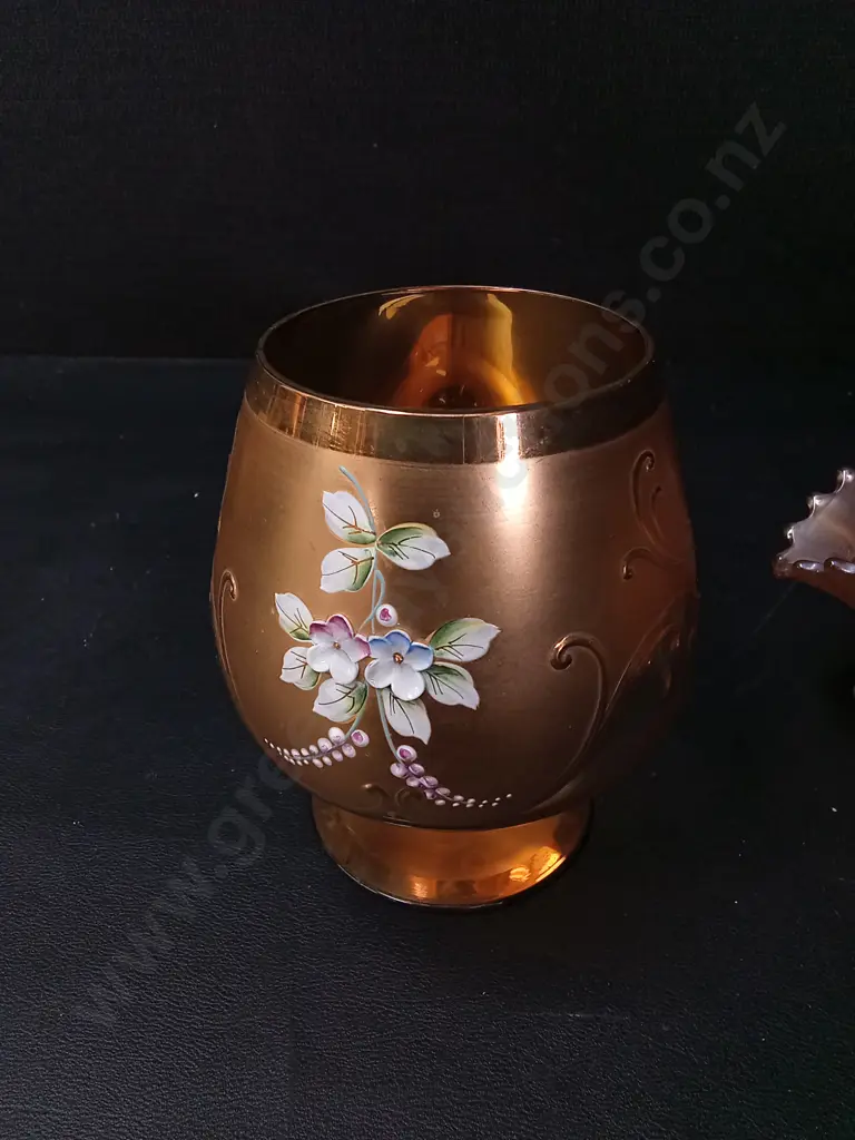 VINTAGE CZECH BOHEMIAN GLASS BRANDY H13CM AND CARNIVAL GLASS BOWL D19CM Image 1++