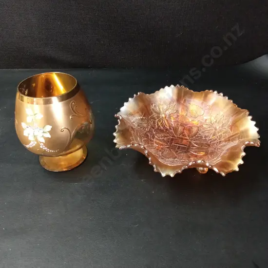 VINTAGE CZECH BOHEMIAN GLASS BRANDY H13CM AND CARNIVAL GLASS BOWL D19CM