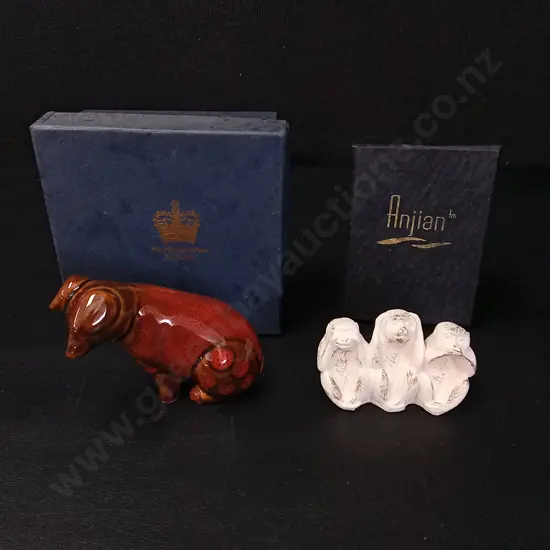 OLD TUPTON WARE HAND PAINTED PIG H6.5CM AND 3 WISE MONKEYS