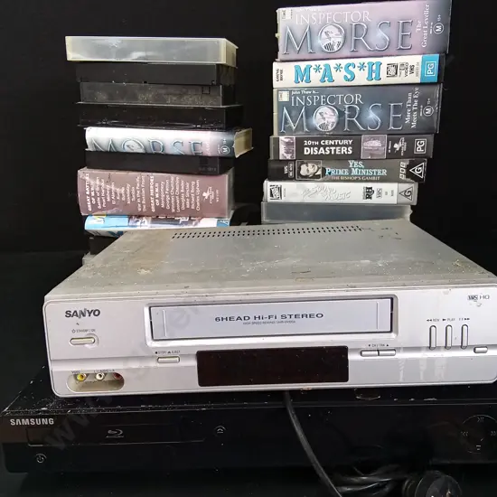 SAMSUNG DVD PLAYER, SANYO 6HEAD HI-FI STEREO BOTH WORKING AND COLLECTION OF VHS / DVDS