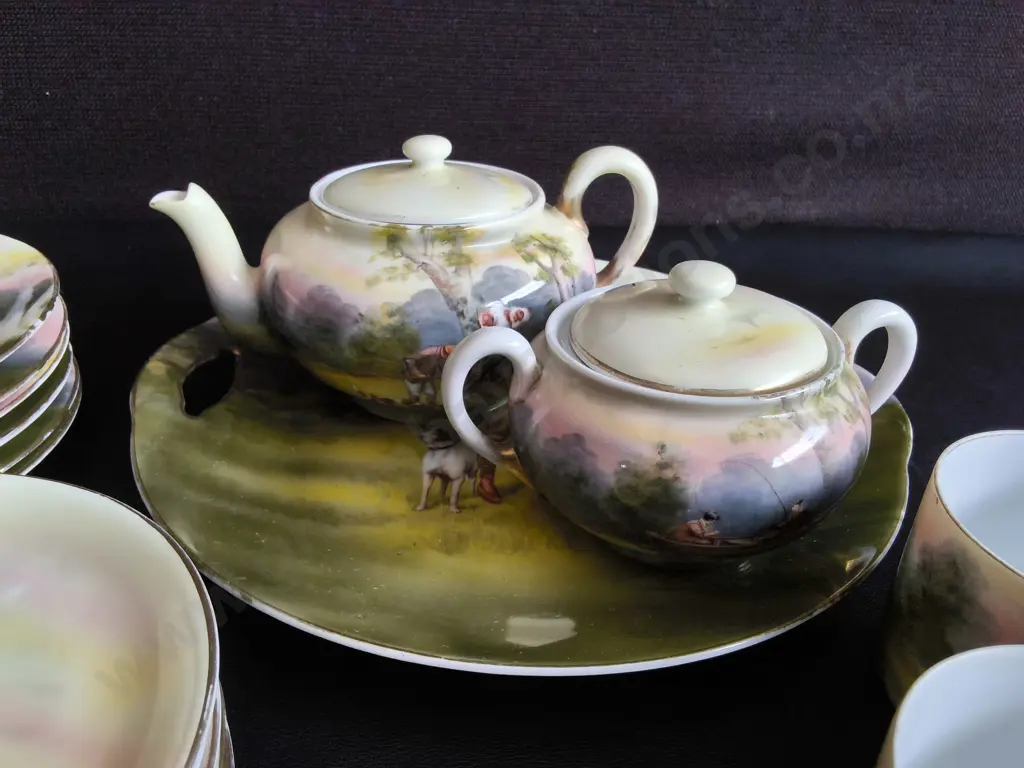 VINTAGE ROYAL BAYREUTH BAVARIA FINE PORCELAIN HUNTING SCENE TEA SERVICE, 20 PIECES, WIDEST DIA 26 CM Image 1++