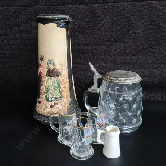 MIX OF VINTAGE POTTERY AND BARWARE, 6 PIECES, TALLEST H 25 CM