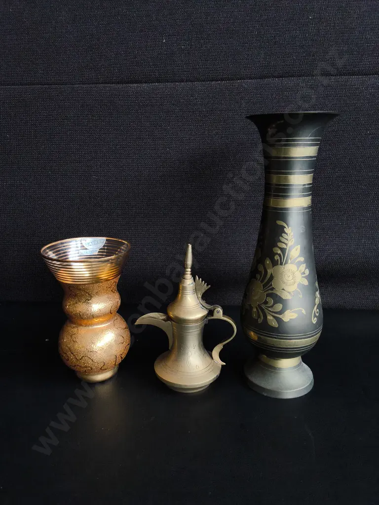 VINTAGE LAEKEN BELGIUM VASE, MINIATURE DALLAH POT, AND ETCHED BRASS TRUMPET VASE, TALLEST H 24 CM Image 1++