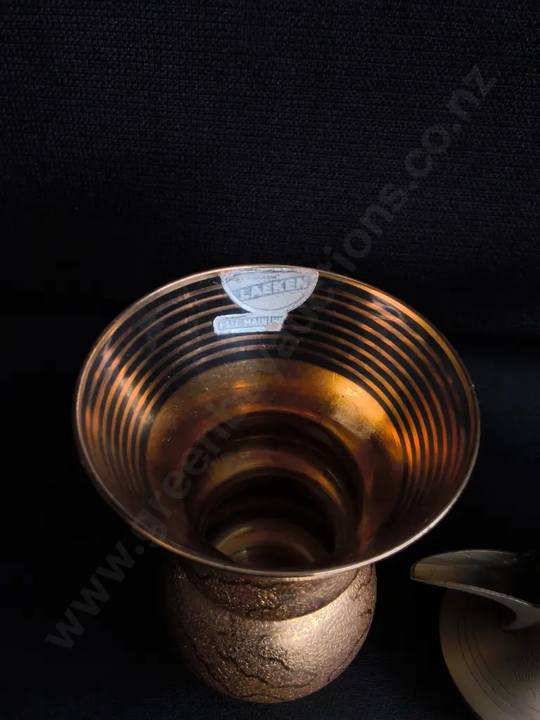 VINTAGE LAEKEN BELGIUM VASE, MINIATURE DALLAH POT, AND ETCHED BRASS TRUMPET VASE, TALLEST H 24 CM Image 1++