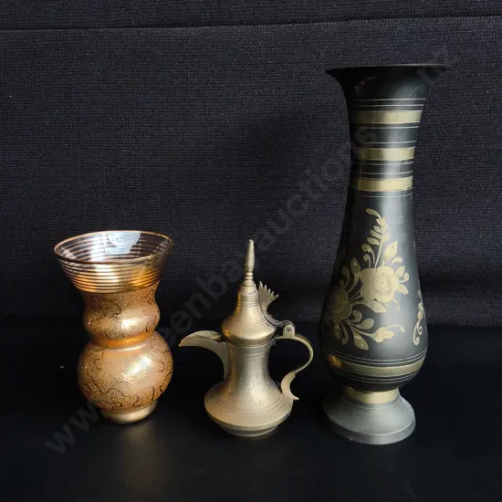 VINTAGE LAEKEN BELGIUM VASE, MINIATURE DALLAH POT, AND ETCHED BRASS TRUMPET VASE, TALLEST H 24 CM