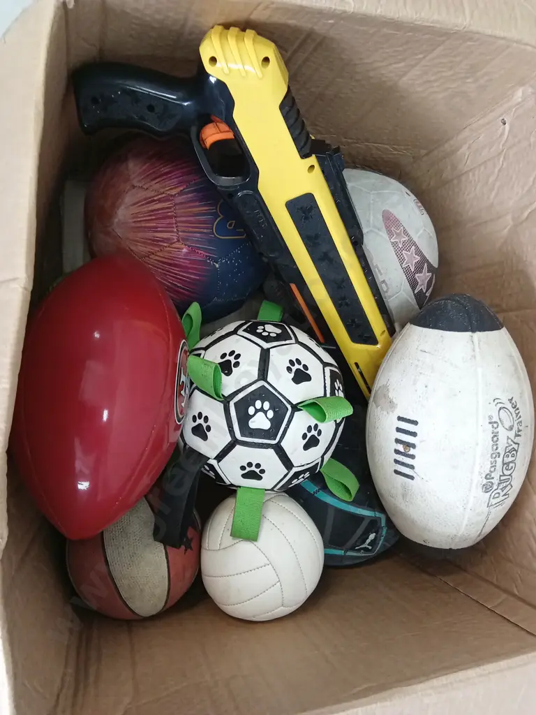 BOX OF ASSORTED BALLS AND SALT GUN Image 1++