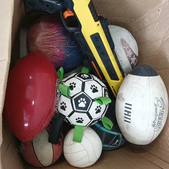 BOX OF ASSORTED BALLS AND SALT GUN