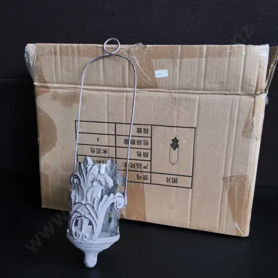 SET OF 4 BRAND NEW METAL AND GLASS HANGING LANTERNS, BOXED, H 42 CM