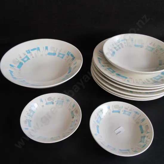 VINTAGE MID CENTURY MODERN ROYAL CHINA "BLUE HEAVEN", 10 PIECES, MADE IN USA