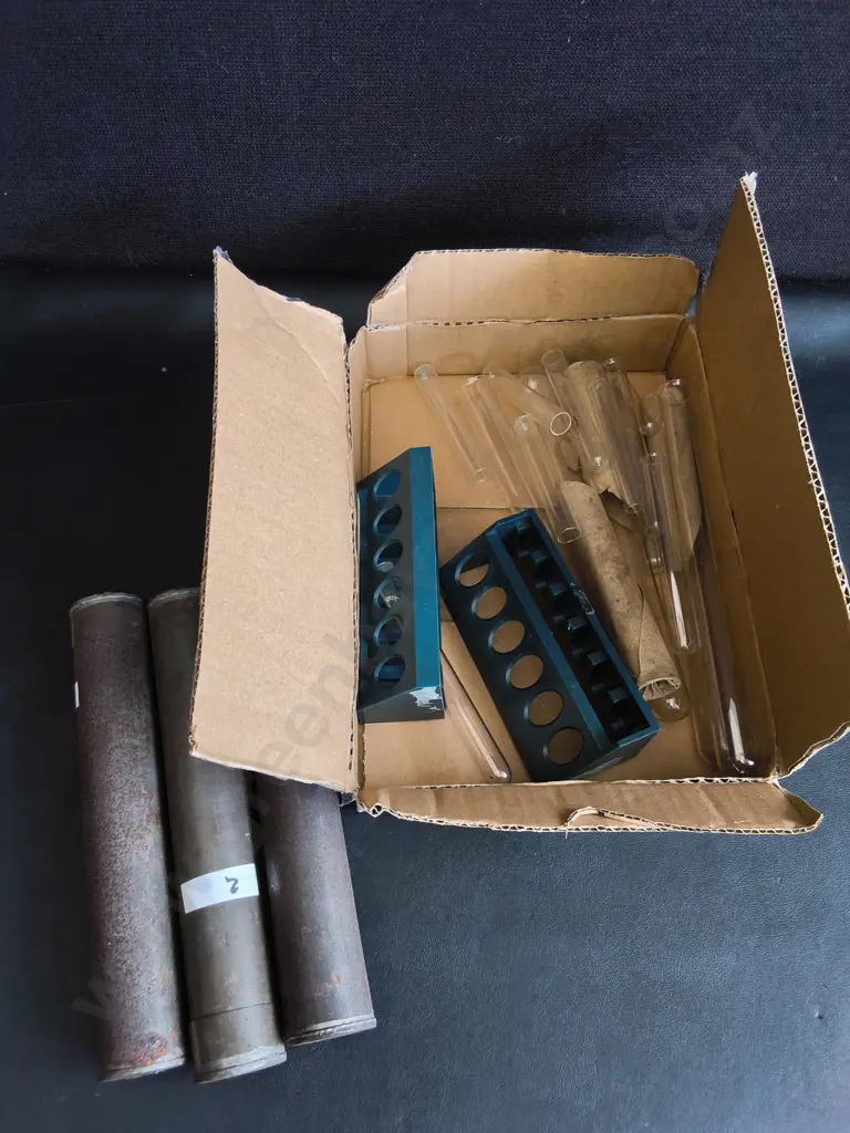 BOX OF VINTAGE LABARATORY GLASSWARE AND METAL TUBES Image 1++
