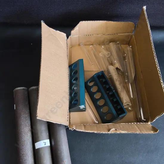 BOX OF VINTAGE LABARATORY GLASSWARE AND METAL TUBES