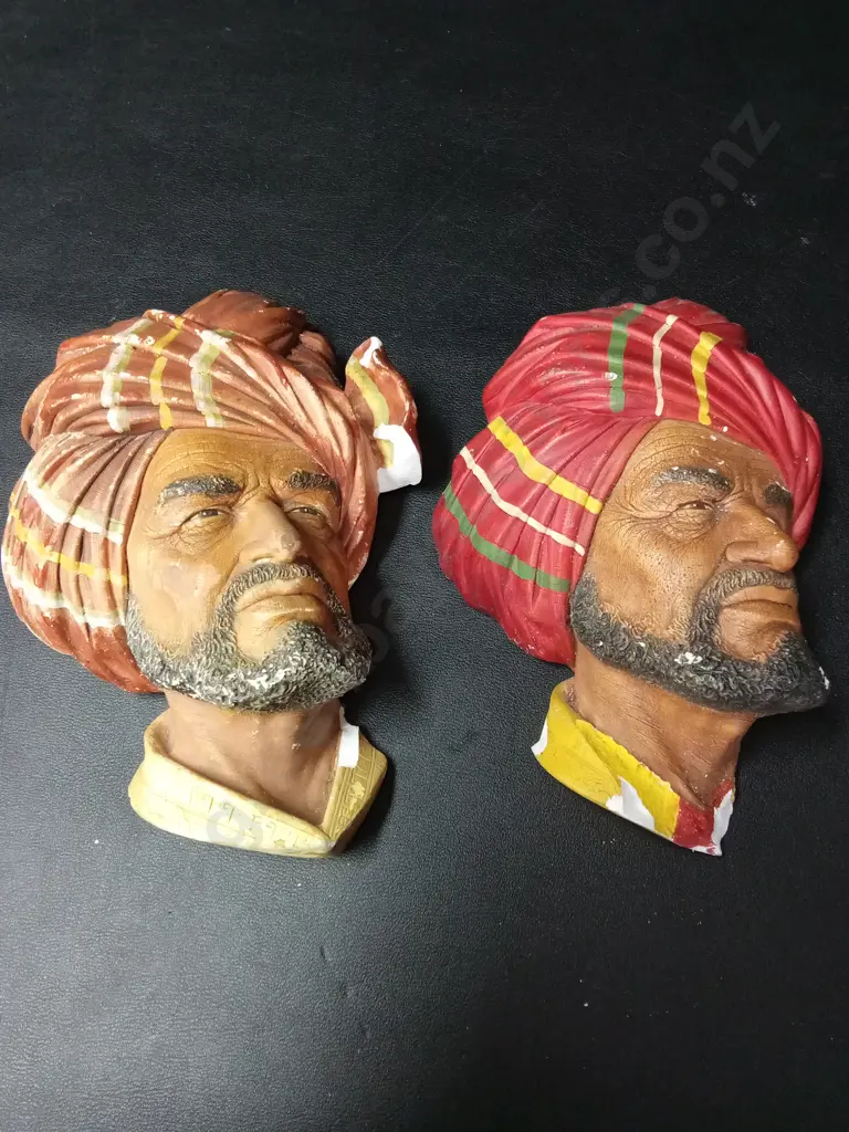 2 VINTAGE BOSSONS CHLAKWARE WALL MASKS "ABDHUL" BY FRED WRIGHT TALLEST H20CM Image 1++