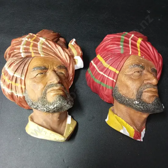 2 VINTAGE BOSSONS CHLAKWARE WALL MASKS "ABDHUL" BY FRED WRIGHT TALLEST H20CM