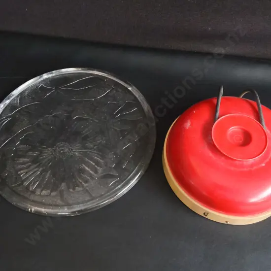 CLEAR EMBOSSED GLASS PLATTER AND VINTAGE MECHANICAL KITCHEN SCALE