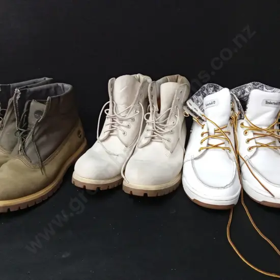3 PAIRS OF TIMBERLANDS SIZE UK8.5W, 9M AND UNKNOWN