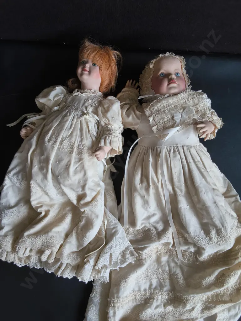 PAIR OF VINTAGE PORCELAIN CHRISTENING BABY DOLLS, TALLEST H (HEAD TO FEET) 44 CM Image 1++