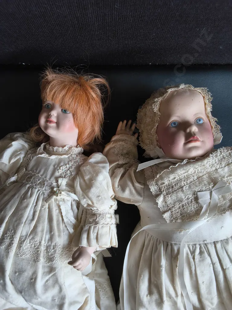 PAIR OF VINTAGE PORCELAIN CHRISTENING BABY DOLLS, TALLEST H (HEAD TO FEET) 44 CM Image 1++