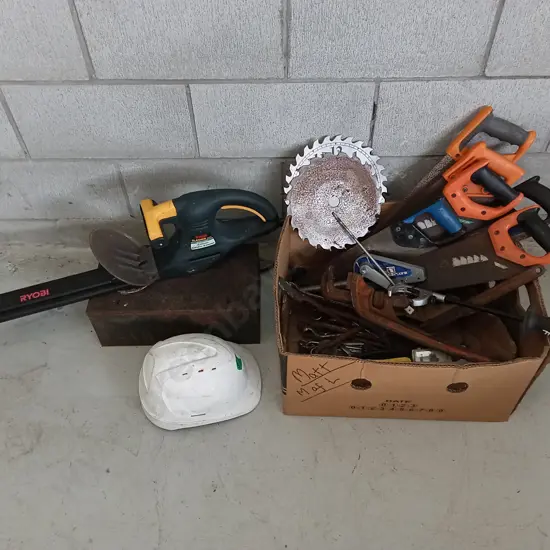 BOX OR HAND TOOLS AND WORKING HEDGE TRIMMER