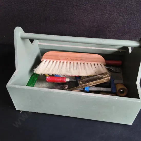 WOODEN TOOL CADDY WITH VARIOUS HAND TOOLS