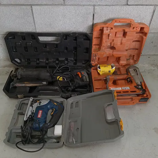 THREE POWER TOOLS IN CASES (TESTED WORKING EXCEPT NAIL GUN)