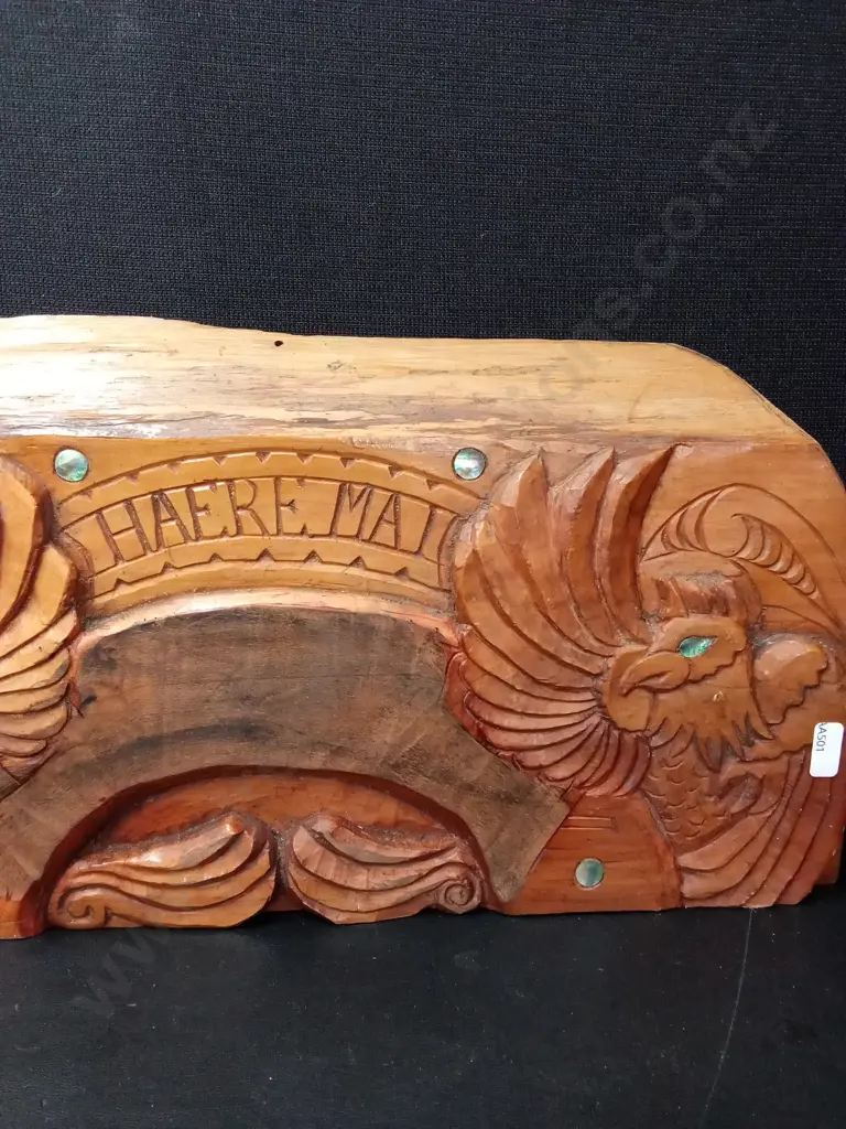 VINTAGE CARVED WOODEN PANEL"HAERE MAI" L51CM H27CM Image 1++