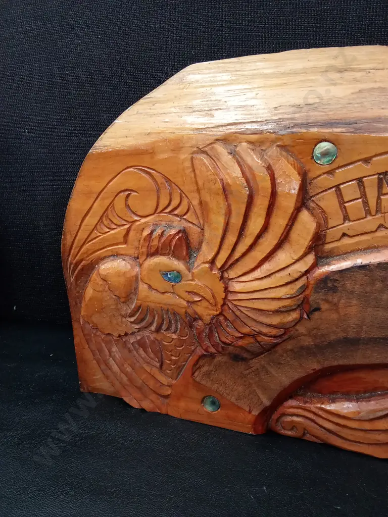 VINTAGE CARVED WOODEN PANEL"HAERE MAI" L51CM H27CM Image 1++