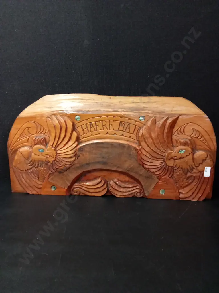 VINTAGE CARVED WOODEN PANEL"HAERE MAI" L51CM H27CM Image 1++