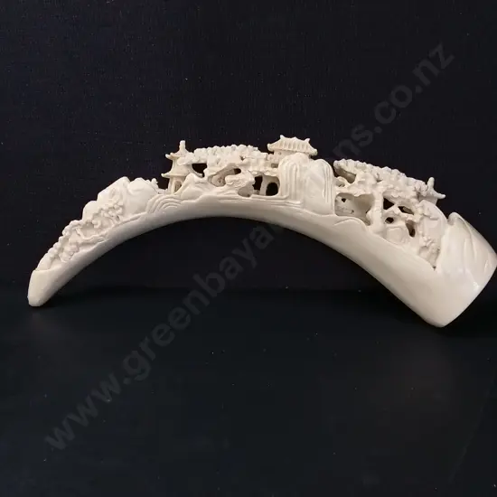 CHINESE FAUX IVORY CARVED TUSK VILLAGE SCENE L40CM