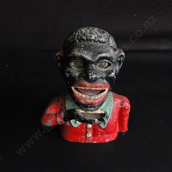 VINTAGE "GREEDY BOY" CAST IRON MECHANICAL BANK, JOHN HARPER & CO. H 14 CM