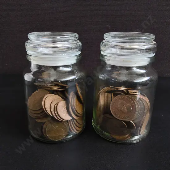 COIN COLLECTION IN 2 JARS, JAR H 13 CM