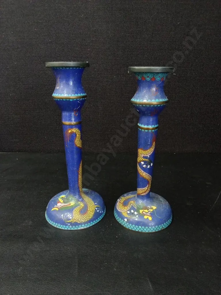 PAIR OF VINTAGE CHINESE CLOISONNE DRAGON CANDLESTICKS H21CM Image 1++