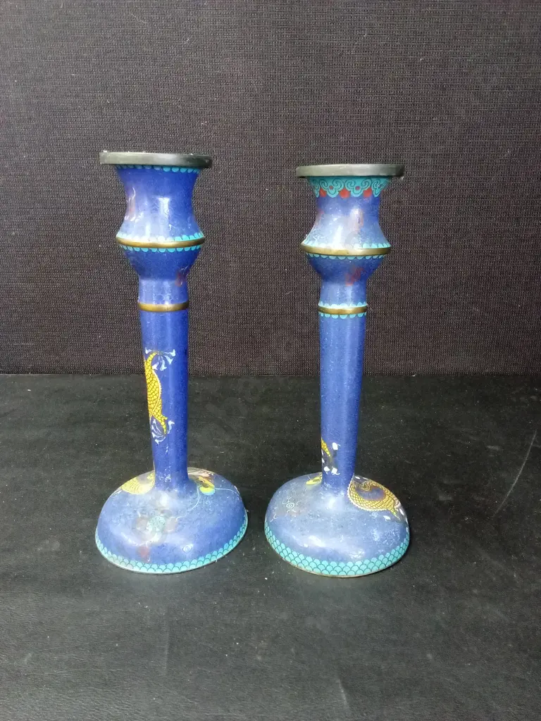 PAIR OF VINTAGE CHINESE CLOISONNE DRAGON CANDLESTICKS H21CM Image 1++