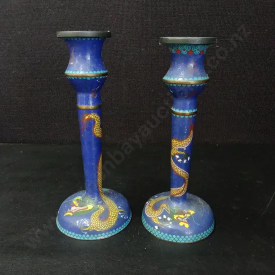PAIR OF VINTAGE CHINESE CLOISONNE DRAGON CANDLESTICKS H21CM