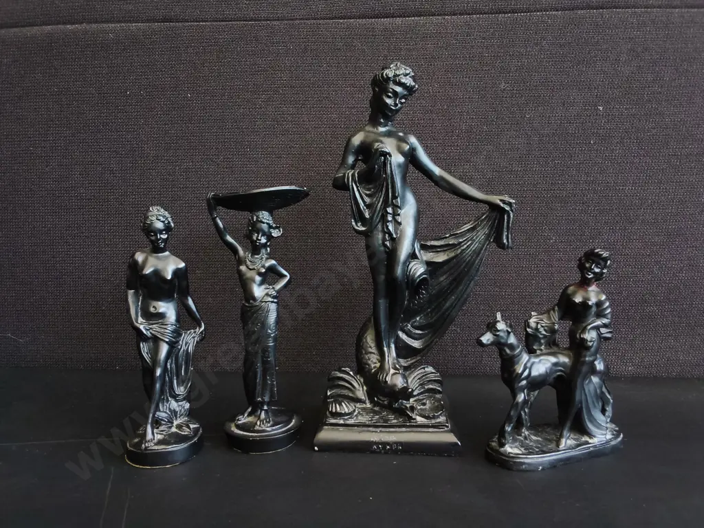 VINTAGE ART DECO STYLE BLACK FIGURINES 4 PIECES, ONE HAS BEEN REPAIRED, TALLEST H 24 CM Image 1++