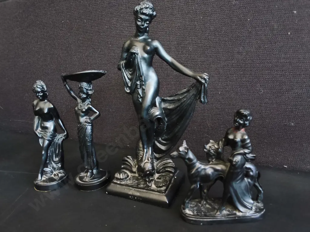 VINTAGE ART DECO STYLE BLACK FIGURINES 4 PIECES, ONE HAS BEEN REPAIRED, TALLEST H 24 CM Image 1++