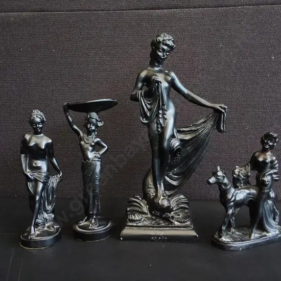 VINTAGE ART DECO STYLE BLACK FIGURINES 4 PIECES, ONE HAS BEEN REPAIRED, TALLEST H 24 CM